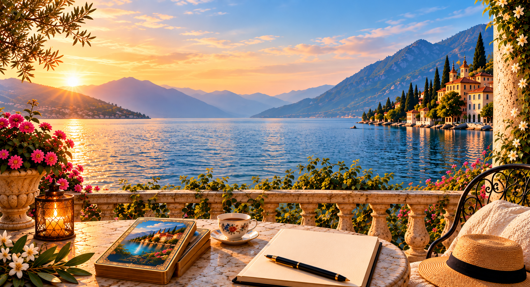 Paysage au bord d’un lac italien au coucher du soleil